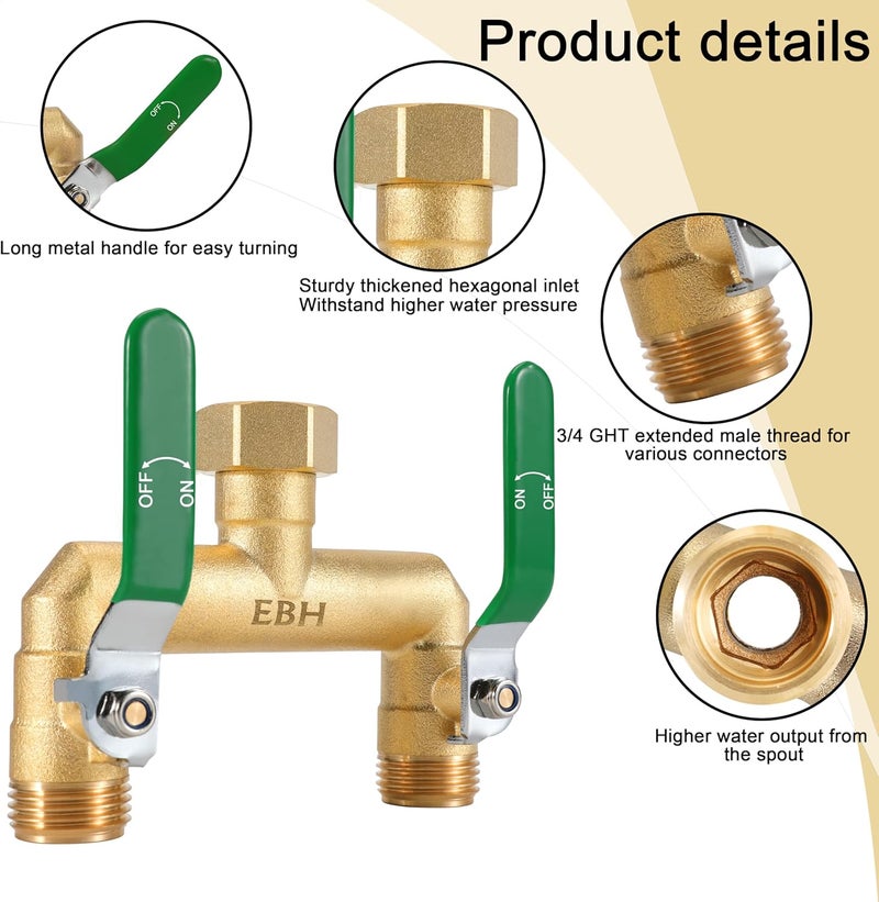EBH Garden Hose Splitter, 2-Way High Flow Heavy Duty Brass Outdoor Hose Manifold with Extra Long Handles Full Flow Faucet Adapter- 3/4” GHT(Green) - Image 3